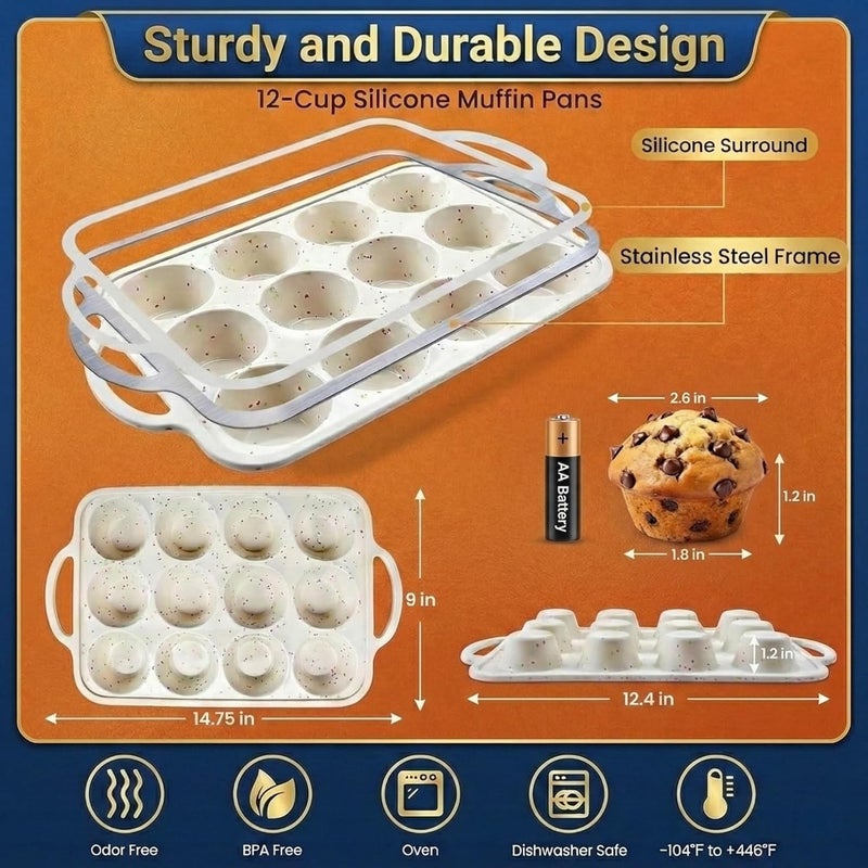 BAKE BOSS Regular Size 12 Cup Silicone Muffin Pans for Baking with Metal-Reinforced Handles – Nonstick Silicone Cupcake Pan, Easy-Release, BPA-Free Muffin Tray, Oven & Dishwasher Safe – 1 PACK - Cream - Image 2